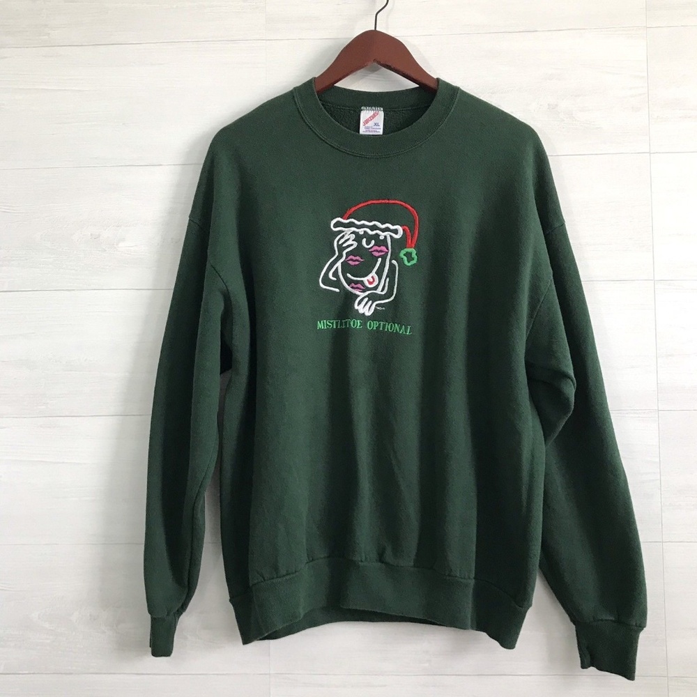 Jerzees Green Embroidered Mistletoe Sweater - Picture 1 of 6